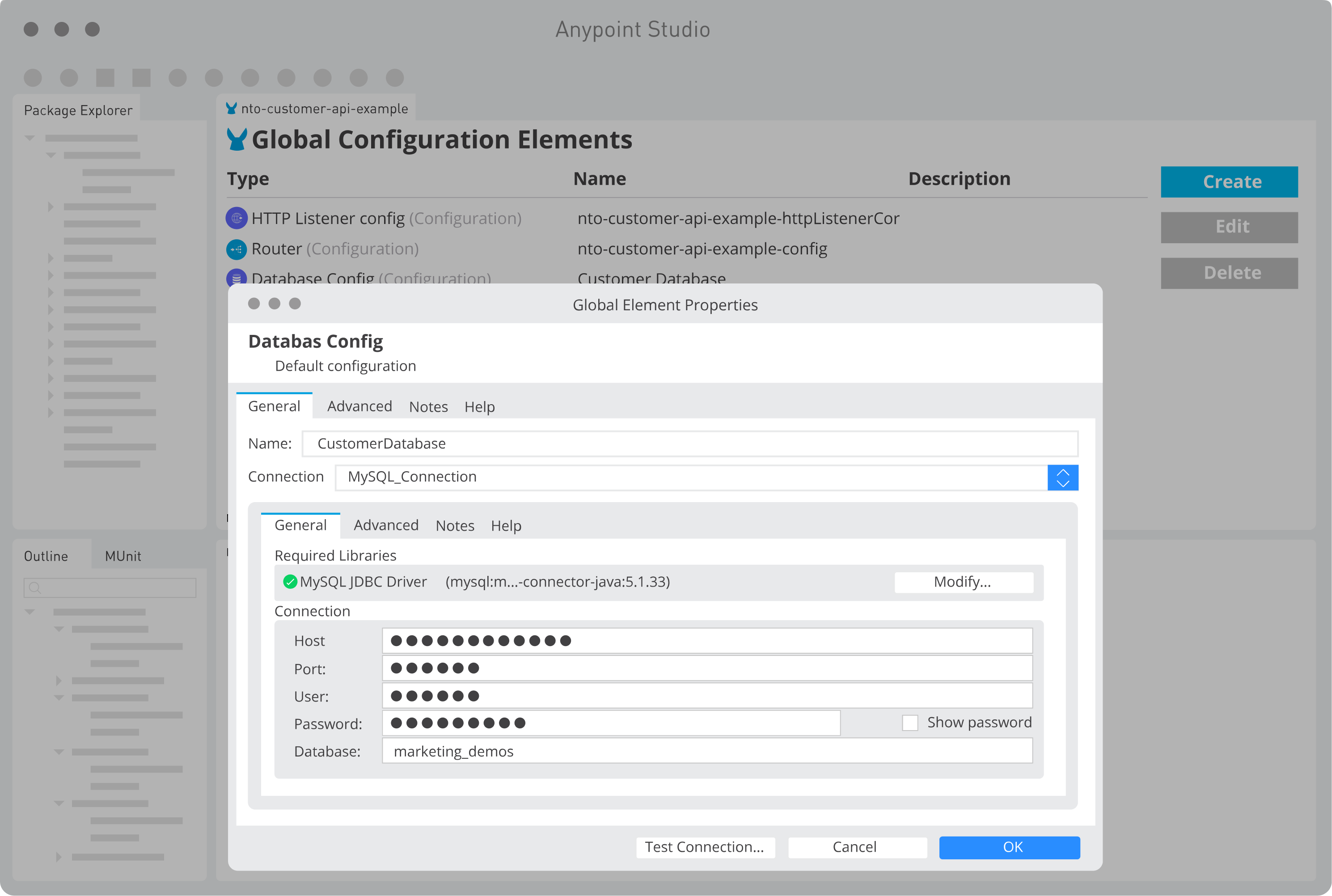 IU de configuración de base de datos de Anypoint Studio