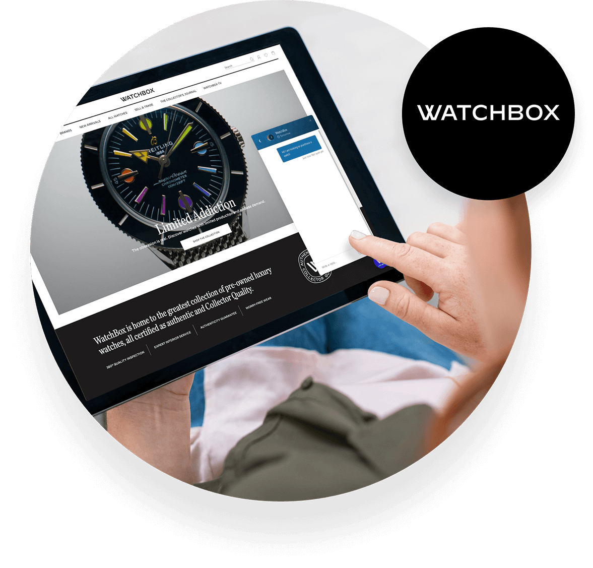 Watchbox logo and woman with tablet
