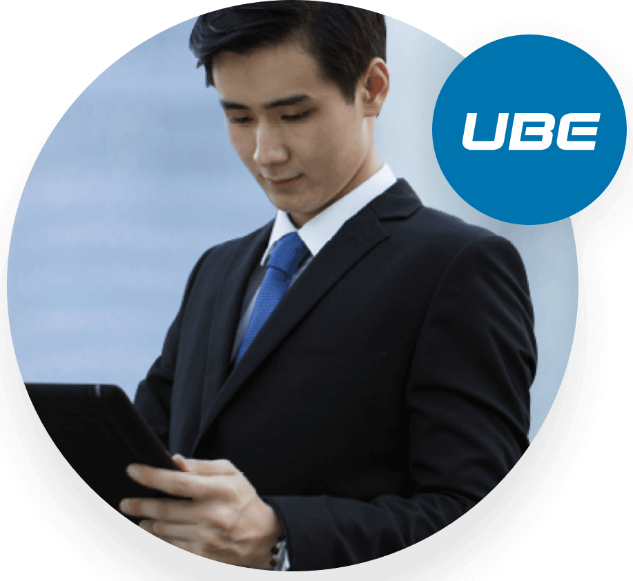 UBE logo and man with suit and tablet