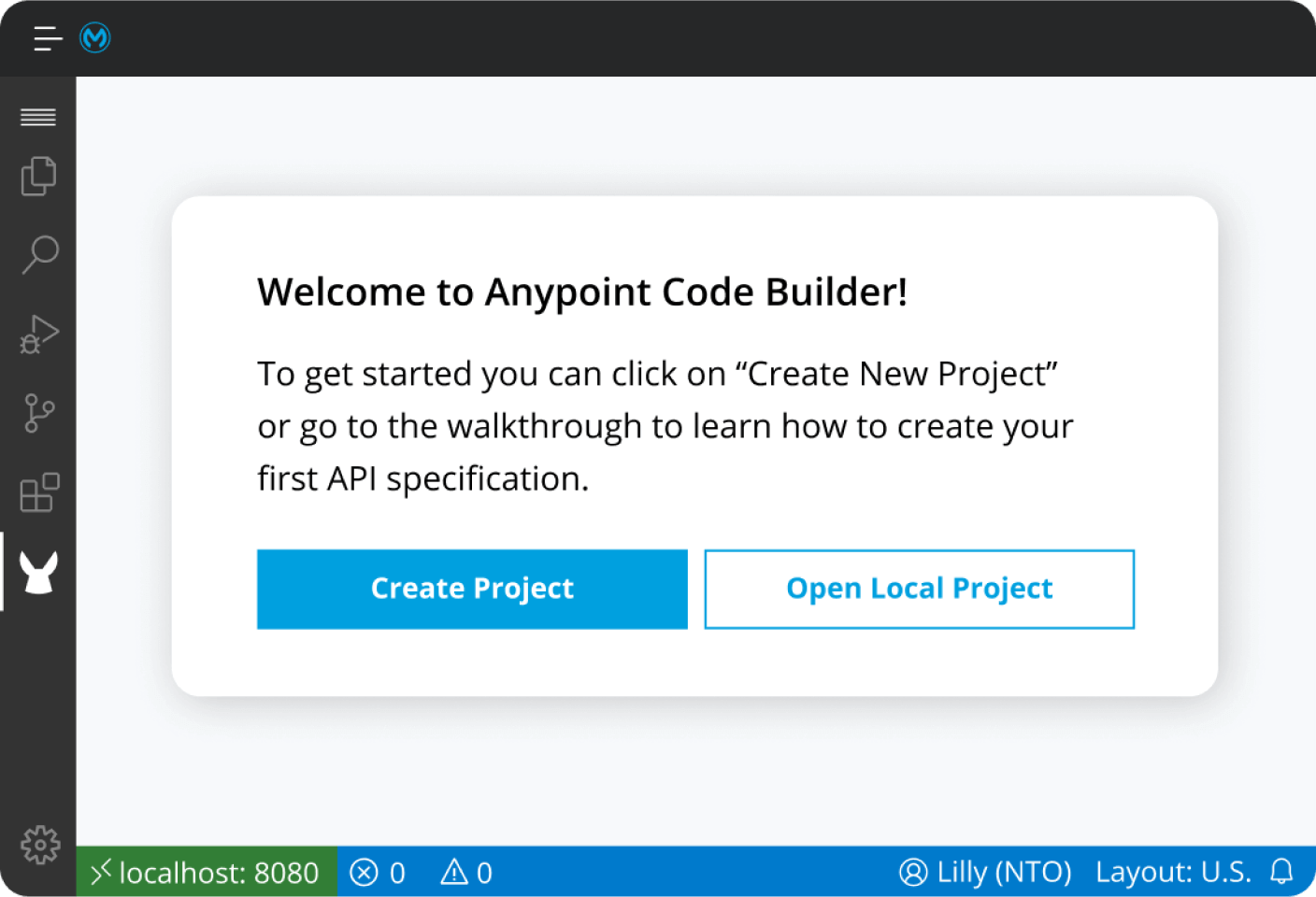 Tela do Anypoint Code Builder mostrando um ambiente integrado de implementação leve e integrado desenvolvido por Visual Studio Code