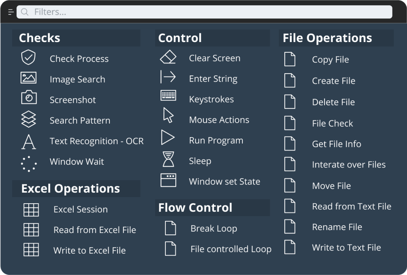 MuleSoft RPA Builder Screen: Toolbox mit wizard-basierten Point-and-Click Low-Code-Tools.