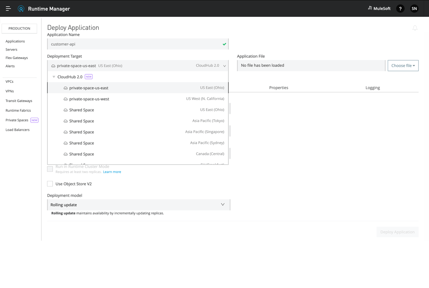 CloudHub 2.0 process showing how to set up an environment quickly with simplified configuration for Private Spaces and network connectivity.