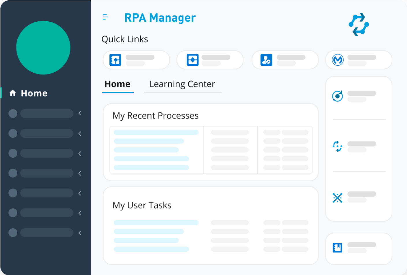 MuleSoft RPA Manager screen showing an integrated learning center, onboarding resources, and community forum