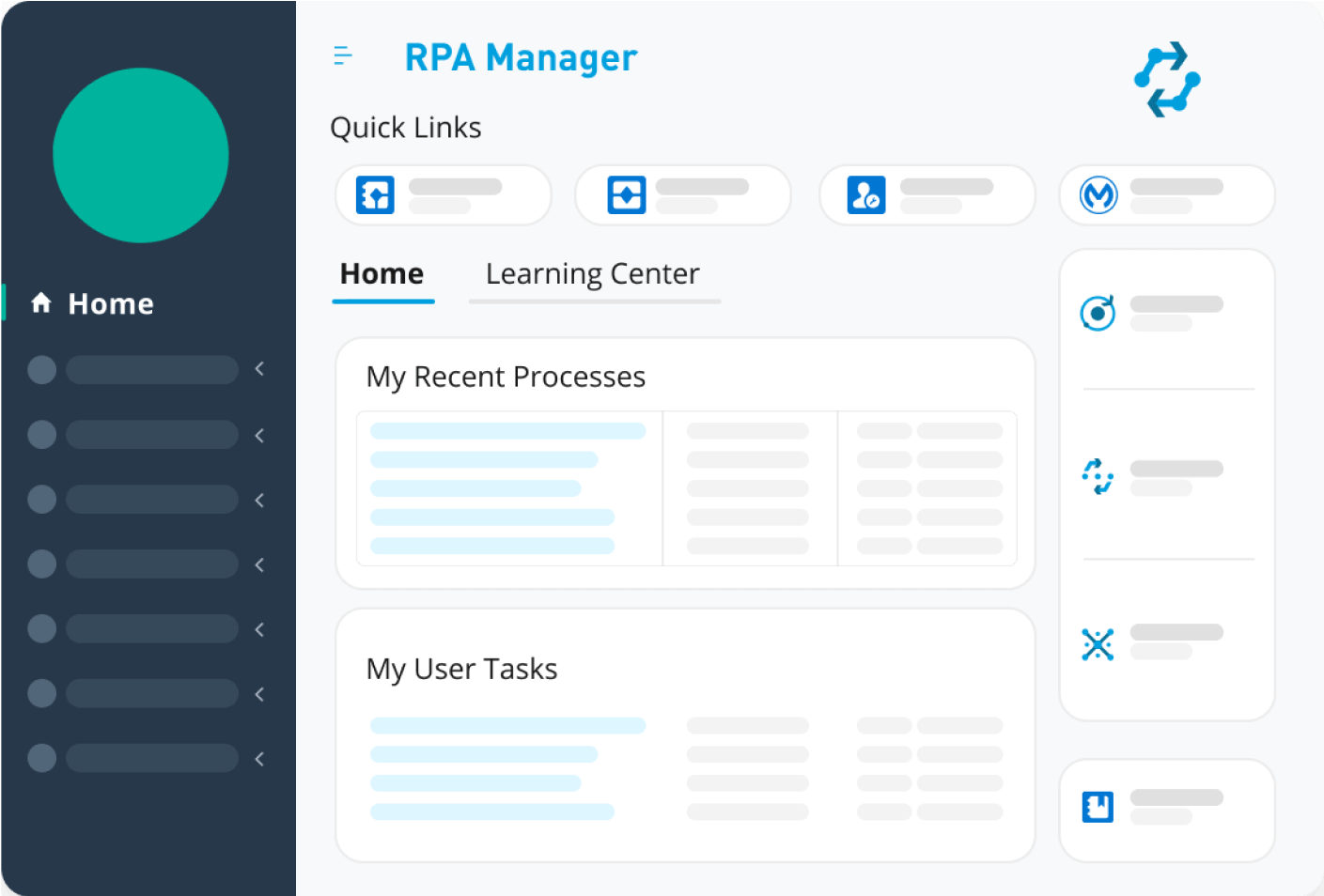 Tela do MuleSoft RPA Manager mostrando um centro de aprendizado integrado, recursos de integração e fórum da comunidade