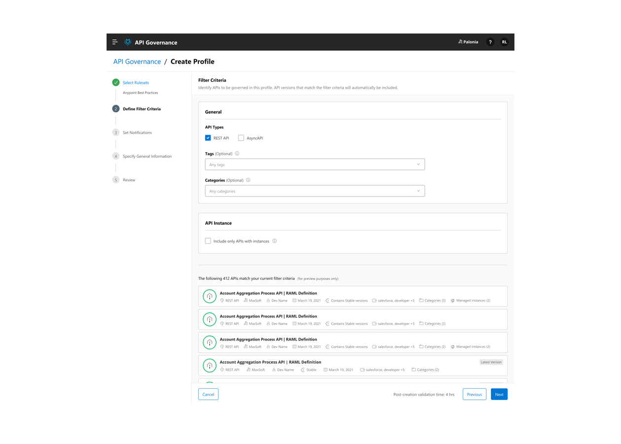 Api Governance filter criteria