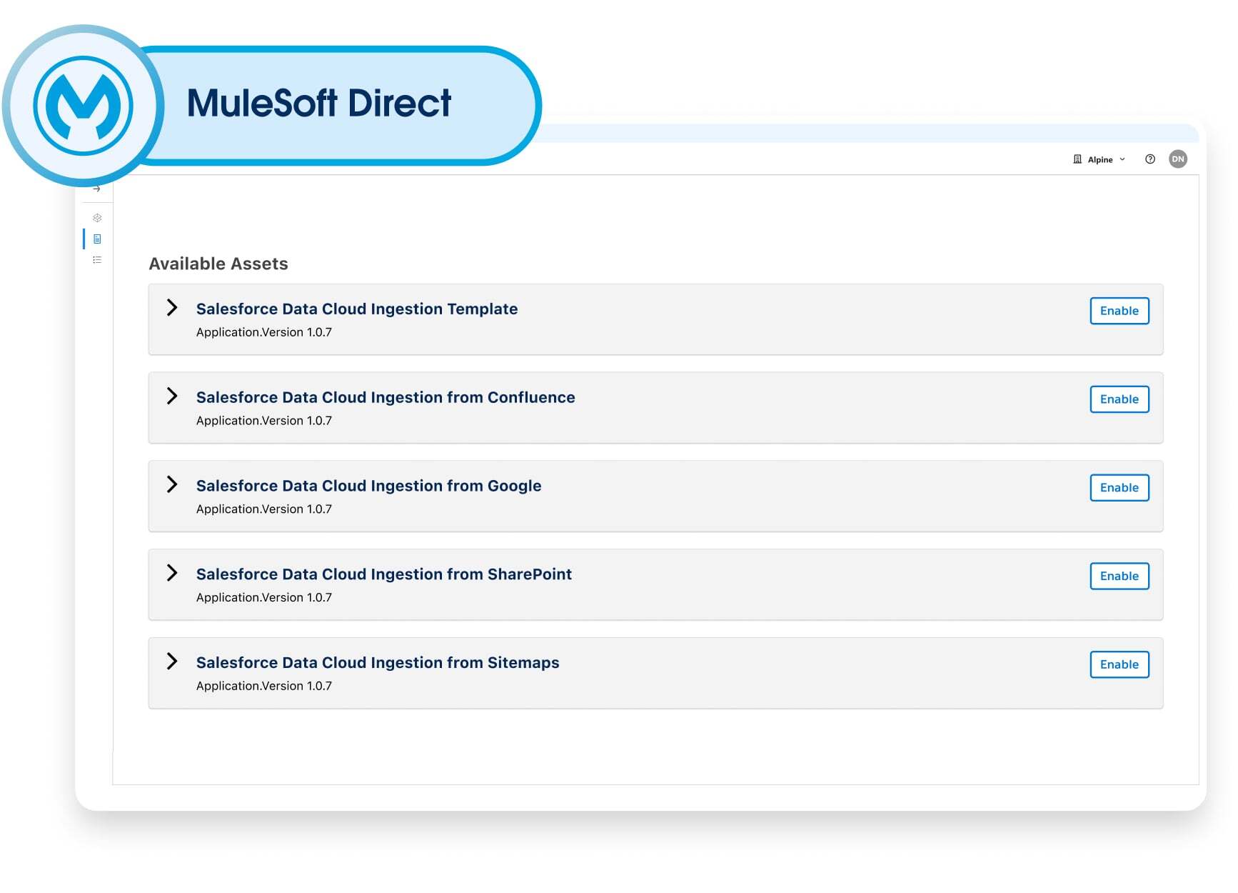 MuleSoft Direct内でData Cloud用に事前構築されたインテグレーションを示す画像。