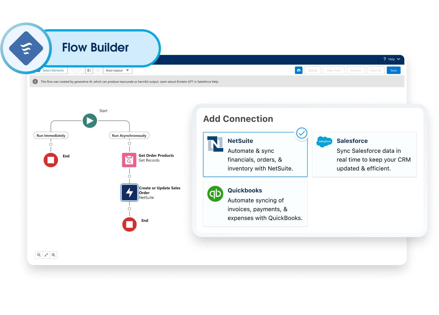 Flow Builderに搭載されたプレビルドのコネクターの使い方を示すグラフィック。