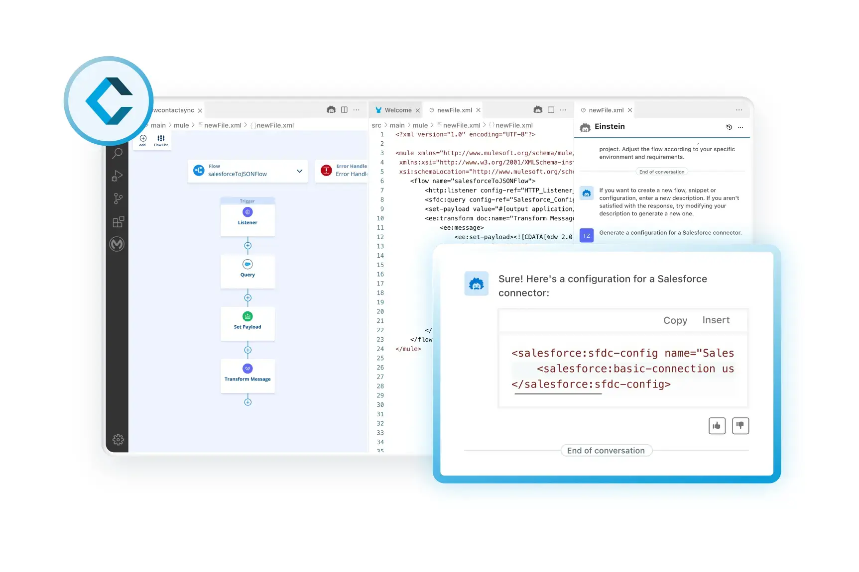 A graphic showcasing how developers are able to use AI with Einstein for MuleSoft.