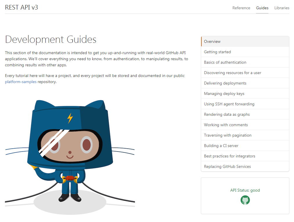 Figure 9: GitHub's Development Guides page rewards developers immediately by answering the initial question that's most frequently asked, ''I want to roll up my sleeves and get started. How do I do that?''