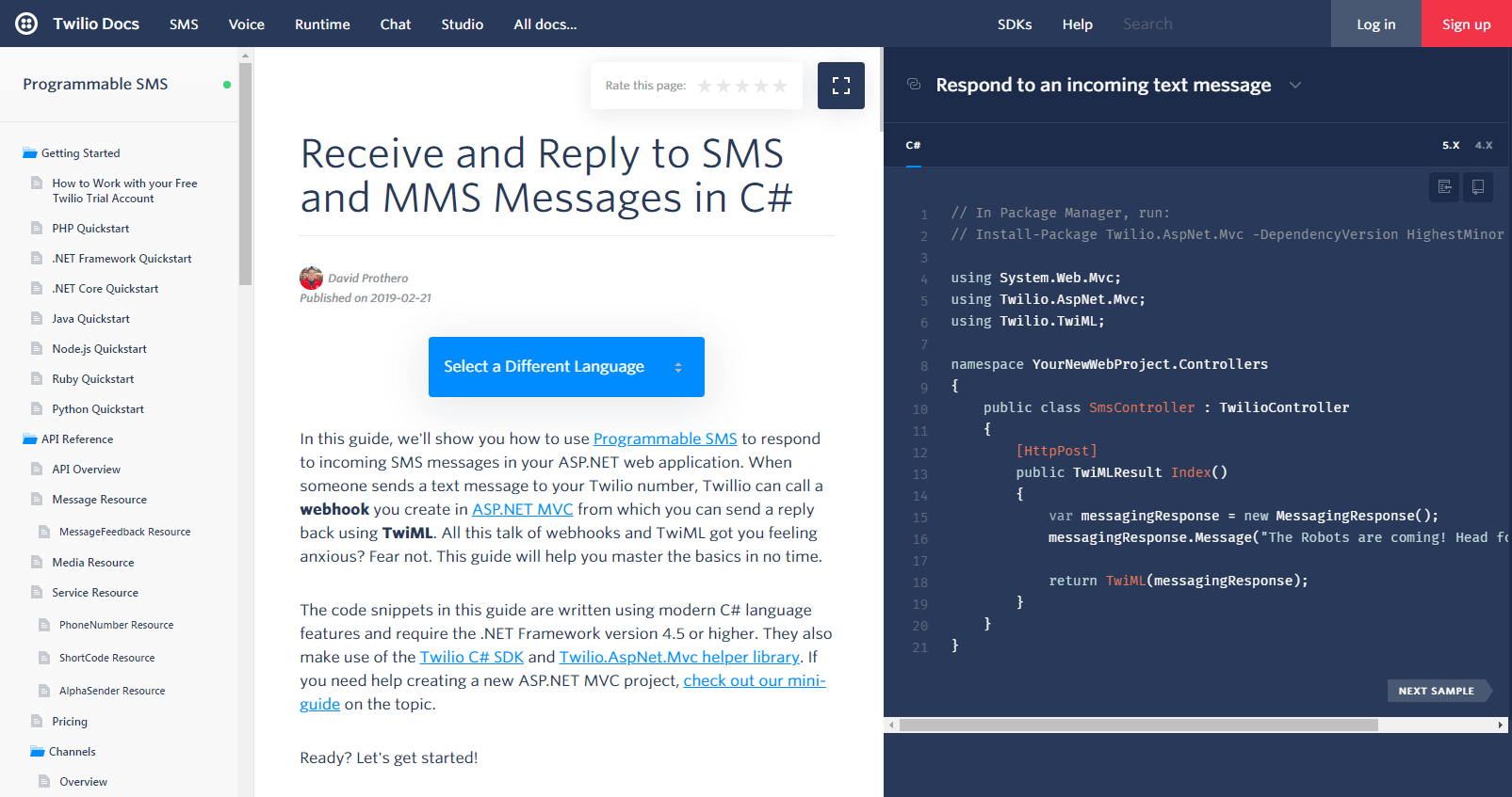 Figure 10: Twilio gives users everything they need at one time to speed and simplify learning, including instructions and sample code. Twilio even offers two tabs of sample code for two different versions of the API as shown in the screenshot, top right.