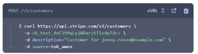 Figure 14: Stripe demonstrates an API call that uses a complete cURL request.