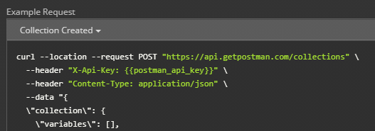 Figure 15: The Postman reference contains some of the most detailed requests and responses for each resource that we've seen, including full cURL calls and parameters for both the header and the endpoint.