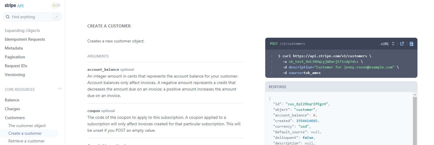 Figure 18: Here we see an example of the Slate-inspired three-column design on Stripe's reference page. As mentioned above, this makes the entire reference easily searchable, contributing to how Stripe's DX truly shines.