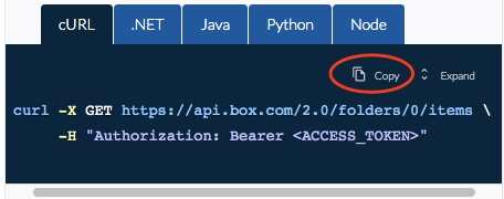 Figure 20: In this API reference example from cloud storage company Box, the user interface offers sample API calls for cURL, Java, C# (.NET), Node.js and Python. In each case, one click of the Copy button is all it takes to copy the code to the developer's clipboard.