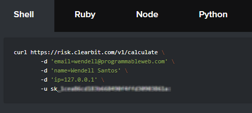 Clearbit recognizes users and tailors its reference to them, with personalized API keys obfuscated.