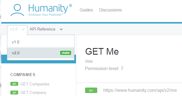Figure 22a: Users can select the version of Humanity's API they need to research.