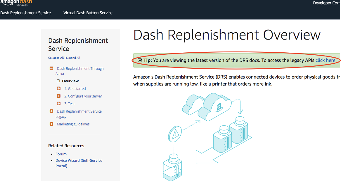 Figure 22b: Although Amazon doesn't have a version navigator for its Dash Replenishment APIs, it does offer a text link that allows developers to explore the older "legacy" version of the API. Similarly, the legacy version has a text link that points back to the "new API.