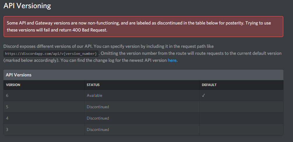 Figure 23: Discord's reference offers versions for older APIs, but defaults to the current one.