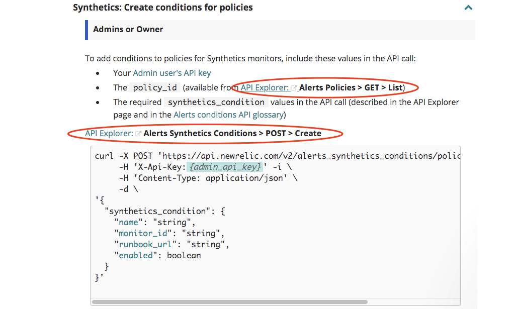 Figure 28: Note how, from within its API reference, New Relic has contextual links that not only take the developer to its API Explorer, it preloads the explorer with the relevant API call (see figure 29, below).