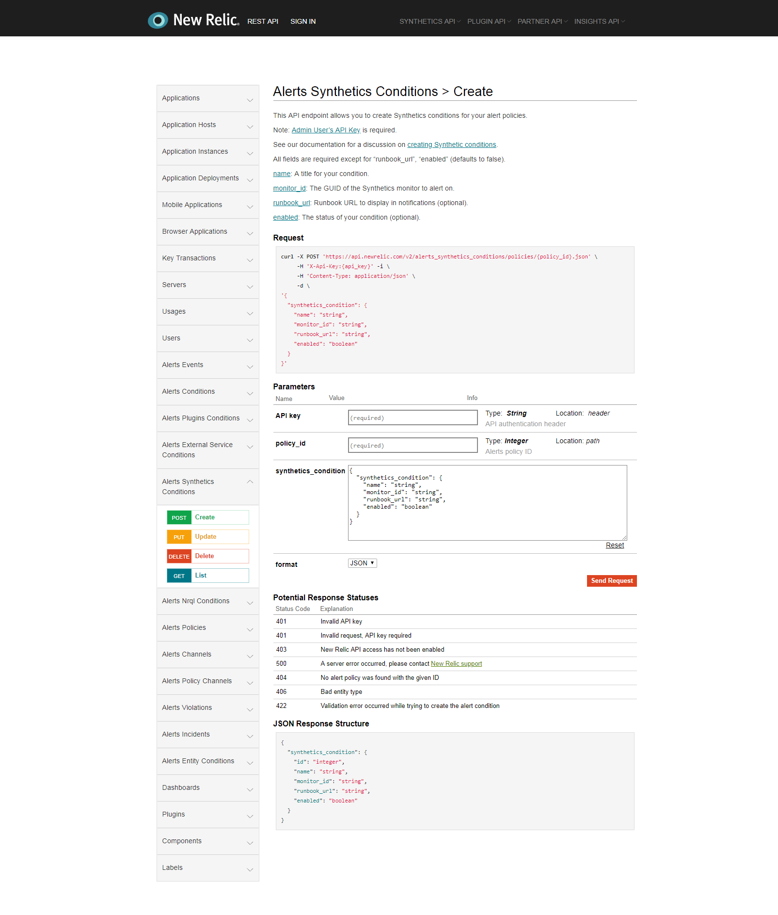 Figure 29: New Relic's console, already pre-populated with an API call based on the contextual link the developer clicked from within the API reference.