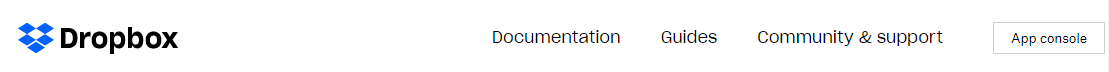 Figure 31: Dropbox's portal navigation is simple and clean, addressing the developer's concerns during Stages Two and Three. The company addresses these users' concerns by providing separate links to documentation, guides (where they can get started with the API) and support if users currently consuming the API have more detailed questions.