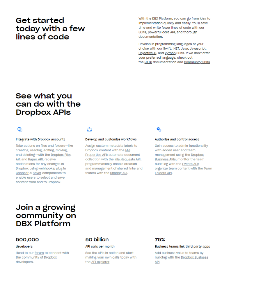 Figure 32: Dropbox sprinkles a number of CTAs throughout its landing page.