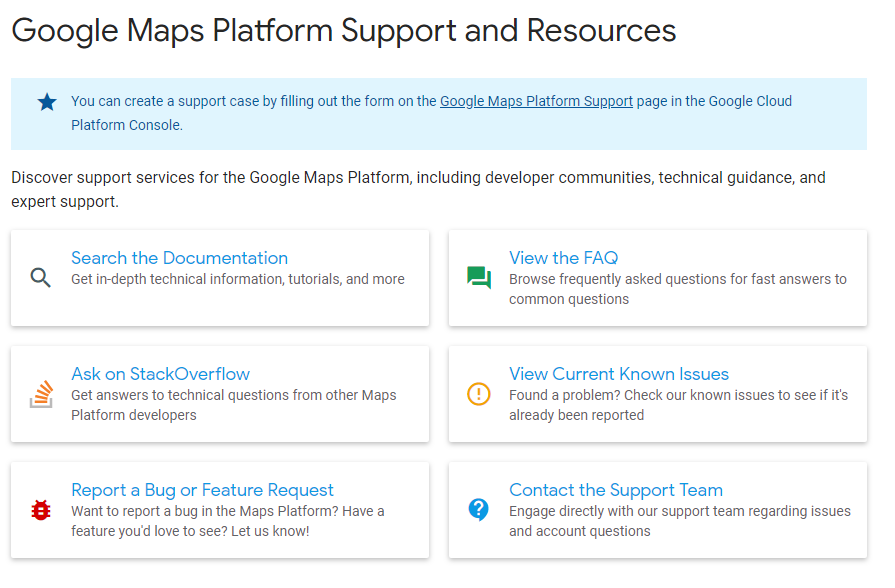 Figure 35. Google Maps Platform Support offers developers a comprehensive resource.
