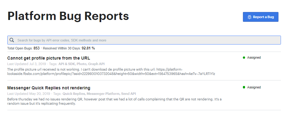 Figure 39: Facebook developers can report bugs, monitor the status of reported bugs, and check if bugs have been previously reported.