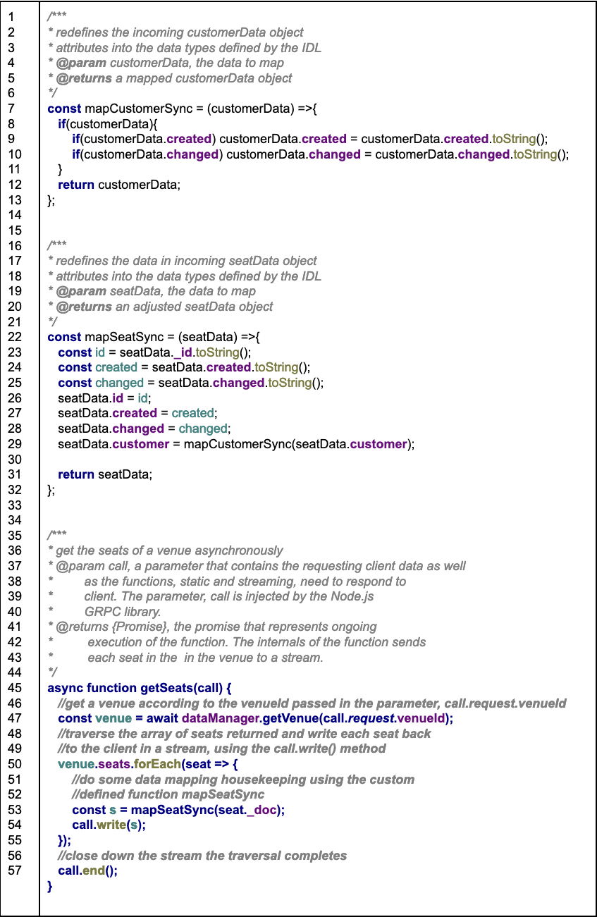 Using Node.js gRPC package's built-in streaming to implement the gRPC function, GetSeats().