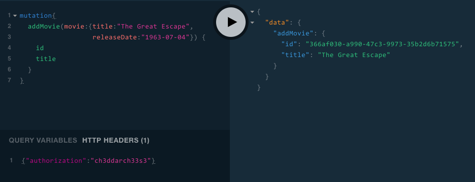  Figure 6: The mutation, addMovie is declared to return the fields, id and title upon success.