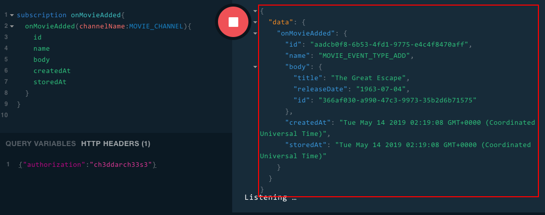 Figure 7: UI displays API-emitted messages on movie additions post subscription to onMovieAdded
