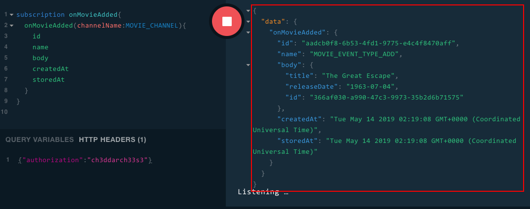 Figure 7: Once a user subscribes to onMovieAdded, the UI will display messages emitted by the API for the subscription when a movie is added to the system.