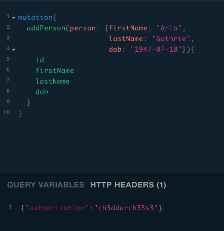 Figure 13: To authenticate to an API in GraphQL Playground, submit the authorization information in the HTTP HEADERS pane
