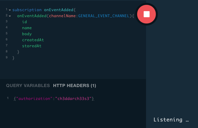 Figure 15: You provide authentication information in the HTTP HEADERS pane in GraphQL Playground when you register a subscription