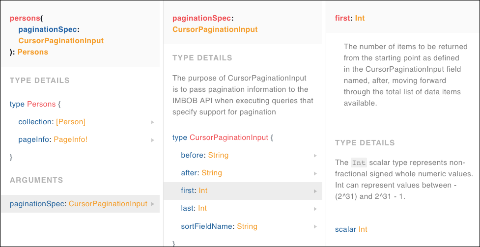 Figure 16: IMBOB defines the Input type, CursorPaginationInput to facilitate using pagination with a very large list of data