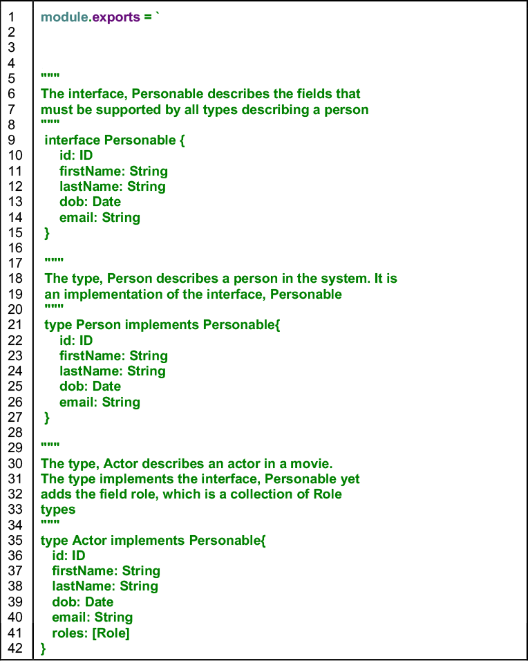 Listing 1: A an excerpt from the file, typedefs.js that describes some of the demonstration application types declared in GraphQL Schema Definition Language (SDL)