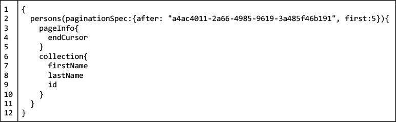 Listing 8: A query that defined pagination information using the CursorPaginationInput type and assigns that information to the query parameter, paginationSpec.