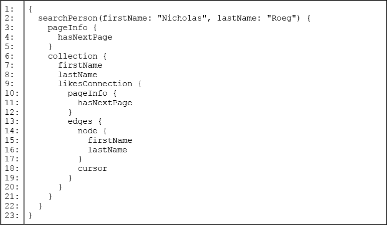 Listing 12: A GraphQL query that declares a likeConnection