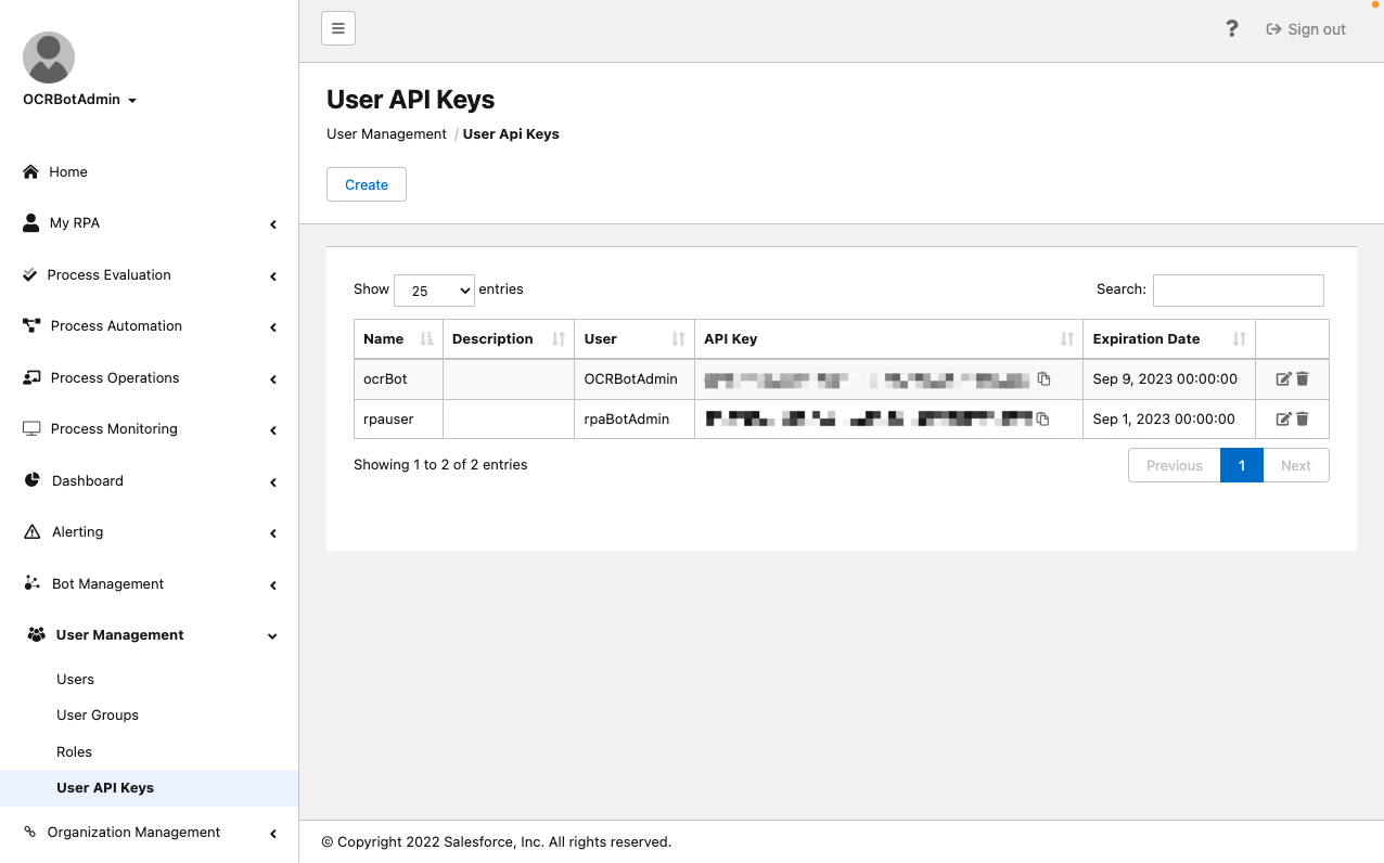 API User keys