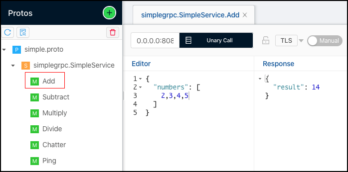 Using BloomRPC as a gRPC client app, the Simple Service Add function sums numbers from a submitted array.