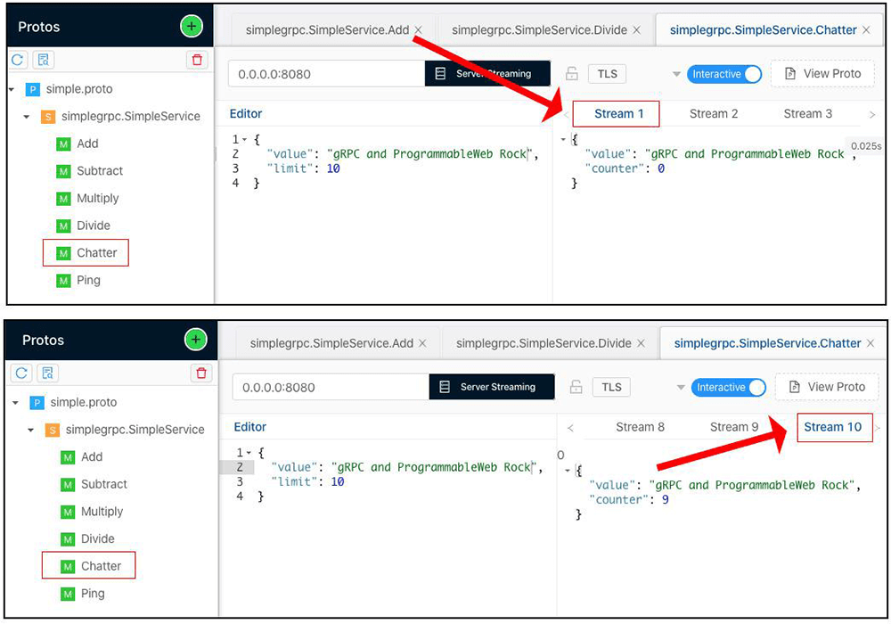 Figure 10: The Simple Server function, Chatter returns ChatterResponse message in a stream