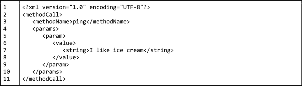 Listing 4: A simple call to the ping method on the demonstration XML-RPC API server