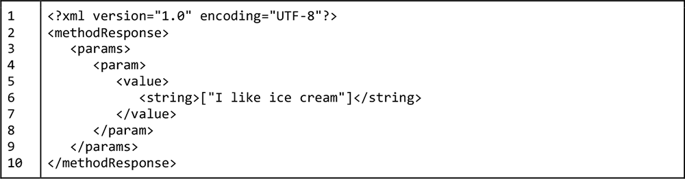 Listing 5: A response to the ping method on the demonstration XML-RPC API server