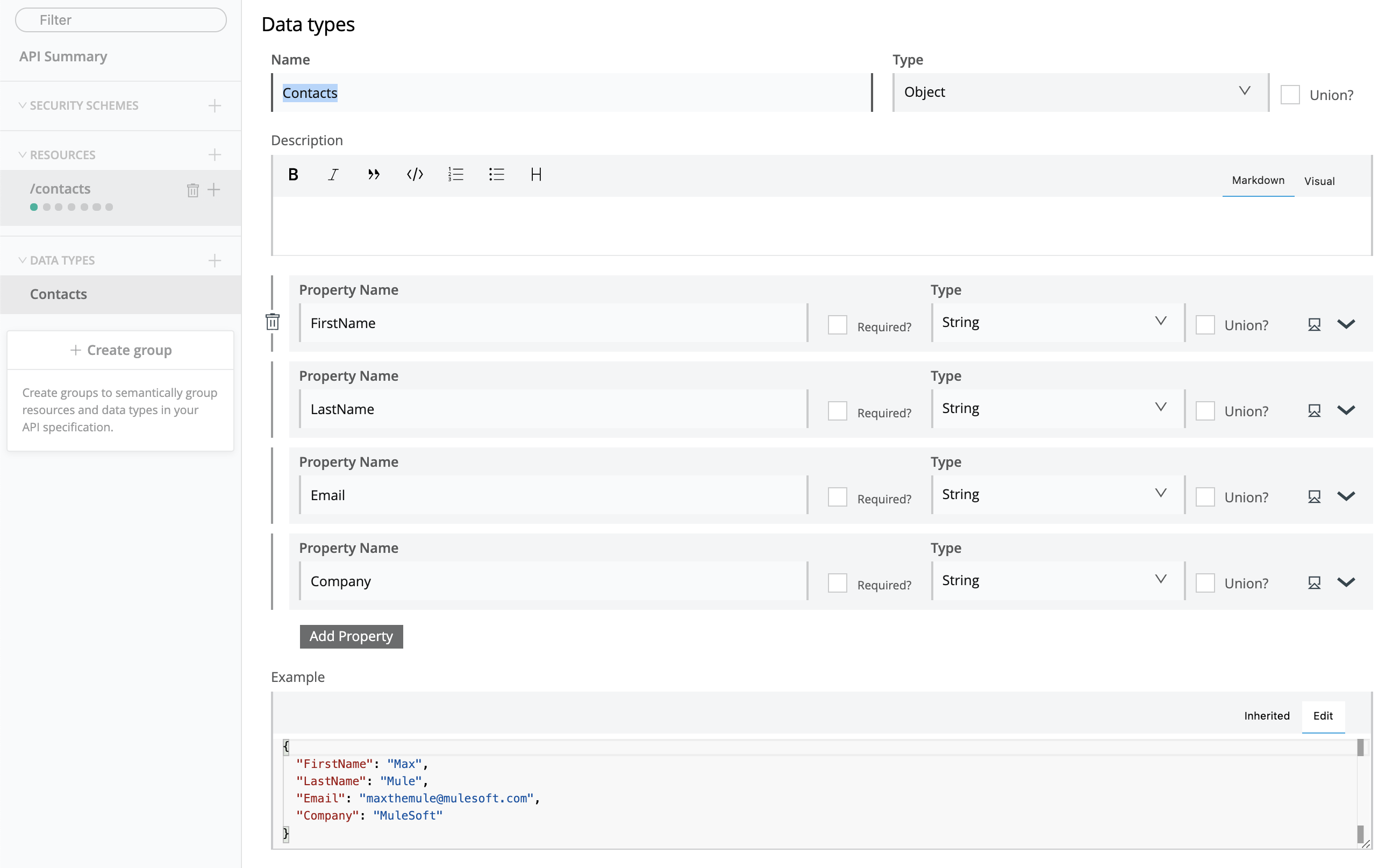 Contacts Data Types Mulesoft